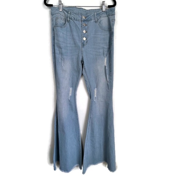 SHEIN Distressed Raw Hem Button Fly Flare Jeans Size L - Picture 1 of 8